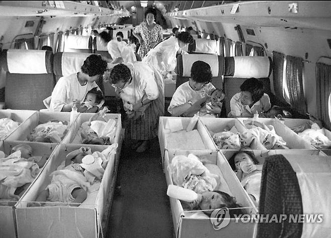 1956년 전세기로 미국에 가는 입양 아기들 [연합뉴스 자료사진]