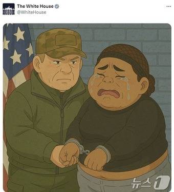 27일(현지시간) 미국 백악관 공식 X 계정에 게재된 챗GPT 생성한 지브리 스타일 이미지. 이는 17일 미국 필라델피아에서 마약 밀매, 불법 거주 혐의로 체포된 여성의 모습을 재현한 것으로 추정된다.(미국 백악관 X 갈무리)