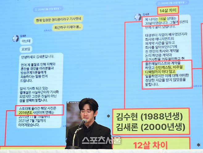 최근 불거진 사생활 논란에 대해 침묵을 지켜왔던 배우 김수현이 31일 서울 마포구 스탠포드 호텔에서 기자회견을 하고 있다. 최승섭기자 thunder@sportsseoul.com