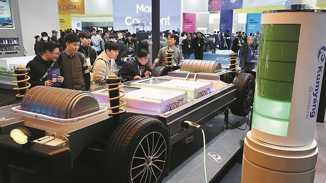 행사 2주 만에 '거래 정지' 지난 3월 5~7일 서울 강남구 코엑스에서 열린 ‘인터배터리 2025’에 참가한 금양 부스에 원통형 배터리 모형이 전시돼 있다. 금양이 원통형 배터리 생산 거점으로 짓겠다던 부산 공장은 공사 대금 미납으로 준공이 지연되고 있다. 금양은 또 3월 21일 금융 당국에 의해 주식 거래가 정지돼 상장폐지 위기에 놓였다./연합뉴스