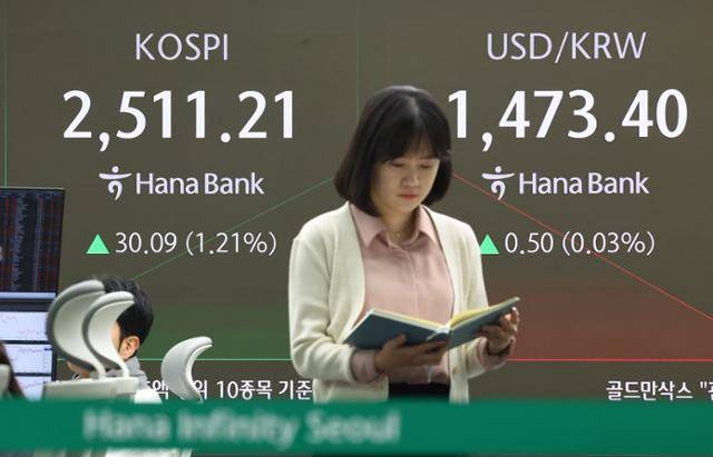 1일 서울 중구 하나은행 본점 딜링룸 현황판에 코스피와 원·달러 환율이 표시돼 있다. 연합뉴스