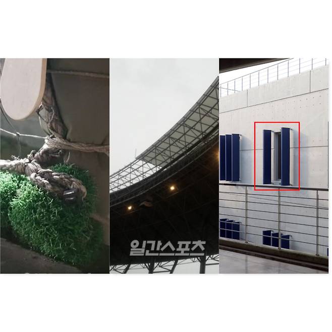 강백호의 손바닥이 쓸린 2019년 사직구장 쇠 재질 시건장치(맨 왼쪽), 2014년 태풍 나크리 피해로 지붕 패널이 떨어진 광주 기아챔피언스필드(가운데) 모습, 구조물이 떨어져 나간 2025년 창원NC파크(맨 오른쪽). IS포토·연합뉴스&nbsp;