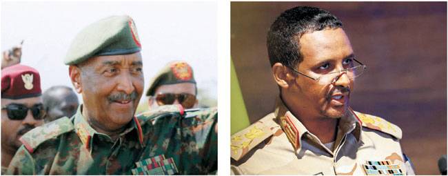 수단 군부 최고지도자인 압델 파타 부르한 장군이 지난달 26일 탈환한 대통령 궁에 들어서는 모습(왼쪽 사진). 오른쪽은 모하메드 함단 다갈로 신속지원군(RSF) 사령관이 지난 2023년 2월 RSF 본부에서 기자회견을 하는 모습. 로이터 연합뉴스