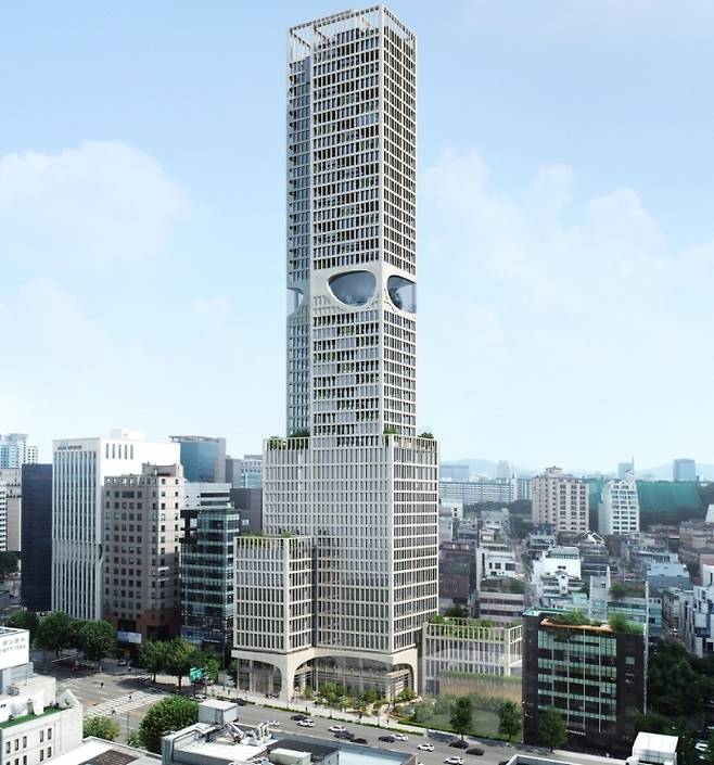 서울 강남구 청담동 프리마호텔 용지가 49층 랜드마크로 재탄생하는 모습을 그린 투시도.