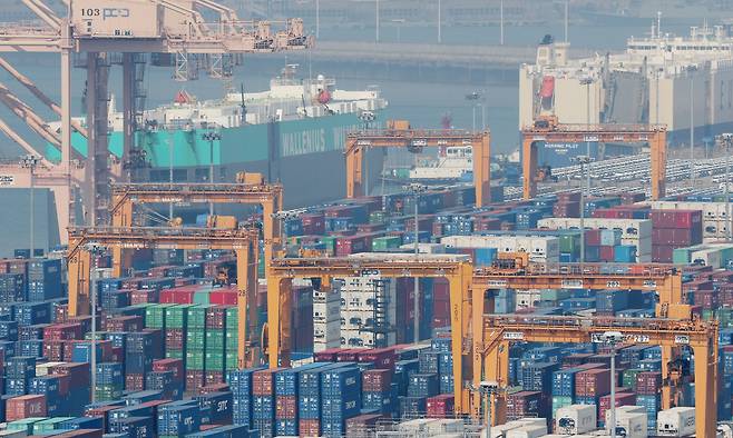 1일 경기 평택시 포승읍 평택항 수출 야적장에 컨테이너들이 쌓여있다. 뉴스1