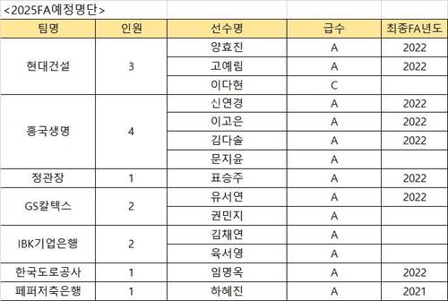 2024-2025시즌 종료 후 FA 취득 예상 여자 선수들 [한국배구연맹 제공. 재판매 및 DB 금지]