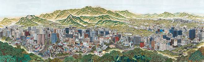서울전경도, 2023, 캔버스 천에 호분 먹 분채 석채, 200×650cm *재판매 및 DB 금지
