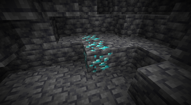 게임 마인크래프트 내에서 가장 가치있는 희소 자원인 다이아몬드를 채굴할 수 있는 블록. 마인크래프트 플레이 화면 캡처