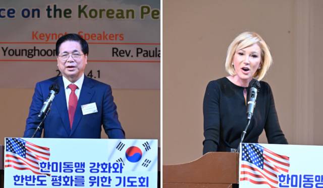 이영훈(왼쪽) 여의도순복음교회 목사와 미국 백악관 신앙사무소 수석고문 폴라 화이트 목사가 1일(현지시간) 미국 뉴욕 플러싱 디모스(DMOS) 홀에서 열린 ‘한·미동맹 강화와 한반도 평화를 위한 기도회’에서 주제 강연을 하고 있다. 여의도순복음교회 제공