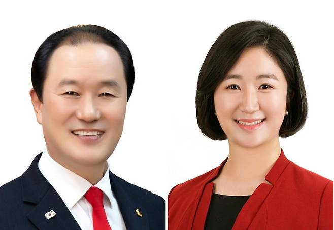 인천지역 4·2 재보선에서 인천시의원(강화군)에 당선된 국민의힘 윤재상(66·사진 왼쪽) 후보와 강화군의원(가선거구)에 당선된 국민의힘 허유리(35) 후보. 중앙선거관리위원회 제공