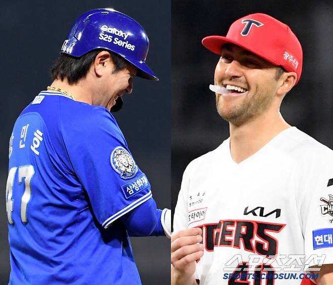 3일 광주 기아챔피언스필드에서 열린 KIA 타이거즈와 삼성 라이온즈의 경기. 몸에 맞는 볼 직후 삼성 강민호가 익살스러운 표정을 지으며 걸어 나가자 미안해하던 KIA 네일까지 빵 터지고 말았다. 광주=박재만 기자 pjm@sportschosun.com