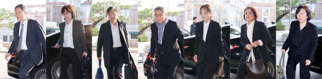 문형배 헌법재판소장 권한대행(왼쪽부터), 이미선, 김형두, 조한창, 정정미, 김복형, 정계선 헌재 재판관이 4일 윤석열 대통령 탄핵 심판 선고를 앞두고 서울 종로구 헌법재판소에 각각 출근하고 있다. 정형식 재판관은 이른 아침 출근했다.사진공동취재단