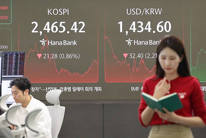 4일 서울 중구 하나은행 딜링룸에서 한 딜러가 자료를 살피고 있다. ⓒ연합뉴스