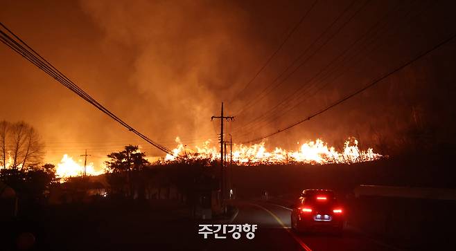 지난 3월 25일 경북 안동시로 진입하는 도로 앞 야산이 불타고 있다. 성동훈 기자