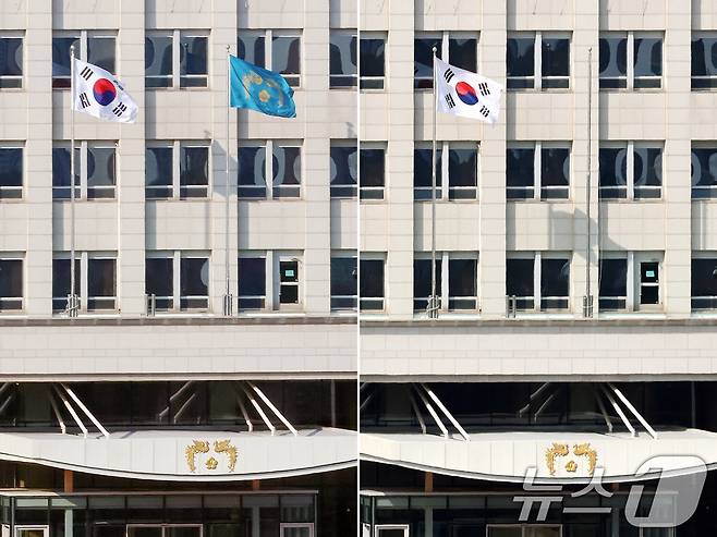 헌법재판소가 윤석열 대통령에 대한 탄핵심판에서 전원일치 인용 의견으로 파면 결정을 내린 4일 서울 용산구 대통령실에 게양돼 있던 '봉황기'(사진 왼쪽, 지난 3월 모습)가 내려가 있다. '봉황기'는 대통령 재임 기간 중 상시 게양되는 국가수반의 상징으로, 1967년 1월 박정희 대통령 시절부터 사용됐다. 2025.4.4/뉴스1 ⓒ News1 민경석 기자,황기선 기자