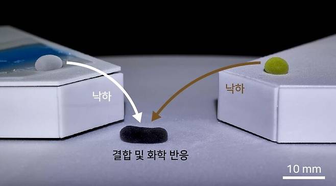 서울대와 가천대 공동연구진이 개발한 액체 로봇. 서로 다른 물질을 포획한 액체 로봇이 낙하 후 하나로 합쳐져 로봇 내부에서 화학 반응을 유도하는 과정을 묘사한 그림이다. 서울대 공대 제공