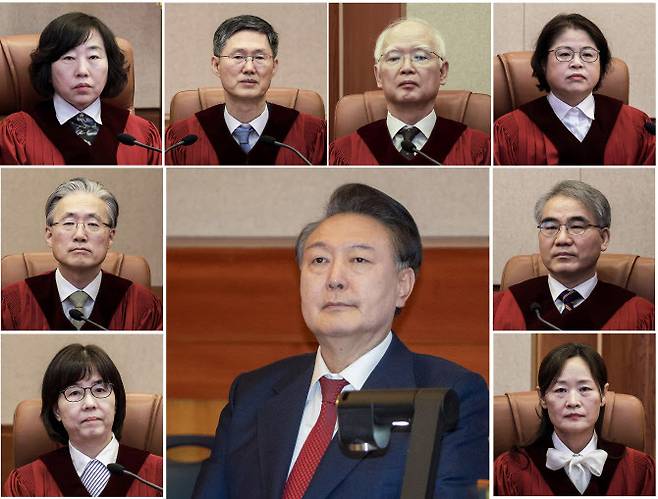 헌법재판소는 4일 오전 11시 서울 종로구 헌법재판소에서 윤석열 대통령 탄핵심판을 선고했다. 사진 윗줄 왼쪽부터 시계방향으로 헌법재판소 대심판정에 앉은 정계선, 문형배, 정형식, 김복형, 조한창, 정정미 헌법재판관, 윤 대통령, 이미선, 김형두 헌법재판관. 공동취재단