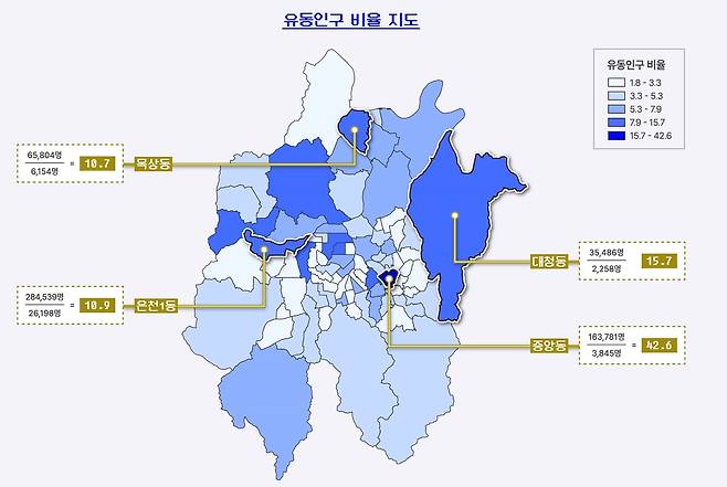대전지역 행정동&nbsp;유동인구비율지도. 대전세종연구원 제공