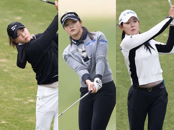2025년 한국여자프로골프(KLPGA) 투어 '국내 개막전' 두산건설 위브 챔피언십 우승 경쟁에 뛰어든 김민솔, 정지효, 박보겸 프로가 3라운드에서 경기하는 모습이다. 사진제공=KLPGA