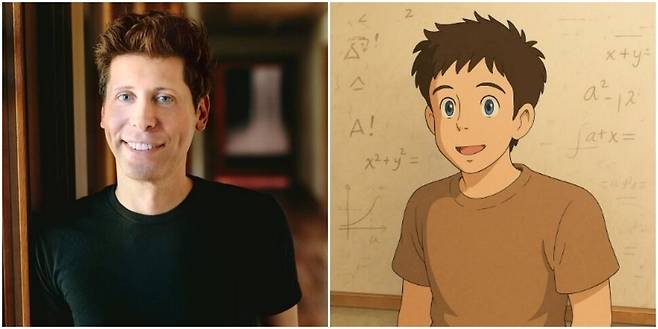 샘 올트먼 오픈에이아이(AI) 최고경영자와 그가 챗지피티 이미지 생성 모델을 활용해 지브리풍으로 구현한 자신의 프로필 사진. 엑스(X) 갈무리