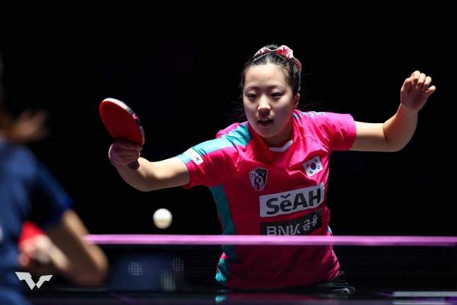 한국의 신유빈이 인천광역시 중구의 인스파이어 아레나에서 열린 'WTT(월드테이블테니스) 챔피언스 인천 2025' 여자단식에서 경기하고 있다. /사진=WTT 챔피언스 조직위원회 제공