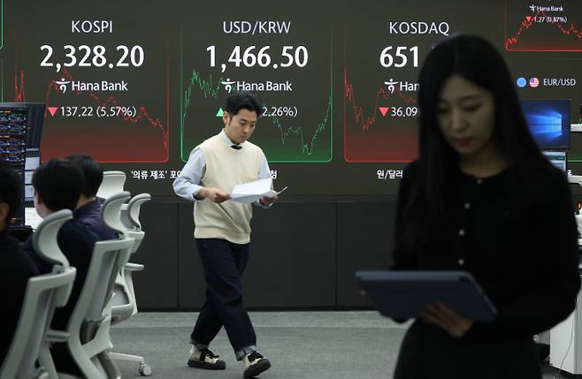 코스피가 전 거래일(2465.42)보다137.22포인트(5.57%) 내린 2328.20에 장을 마친 7일 서울 중구 하나은행 딜링룸에서 딜러들이 업무를 보고 있다. /사진=뉴시스
