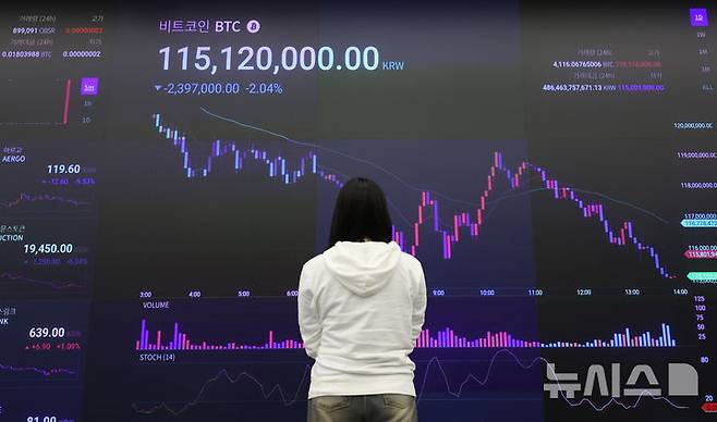 [서울=뉴시스] 김진아 기자 = 6일(현지 시간) 파이낸셜타임즈(FT)에 따르면 연기금·기금 등 대형 기관 투자자들은 유동성 확보를 위해 사모펀드 지분을 할인 판매하는 방안을 검토하고 있다. 도널드 트럼프 미국 대통령의 상호관세 부과 충격으로 비트코인 가격이 8만 달러 선 아래로 내려간 7일 서울 강남구 업비트 고객센터 전광판에 비트코인 시세가 표시되고 있다. 2025.04.07. bluesoda@newsis.com