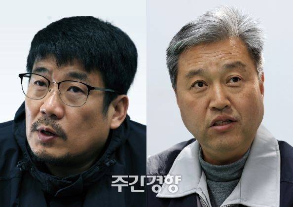 현대제철 비정규직 노동자 이상규씨(왼쪽)와 한국지엠 1차 협력사 KM&I 노동자 김상겸씨가 트럼프발 관세정책이 현장에 미칠 영향에 대해 인터뷰하고 있다. 서성일 선임기자
