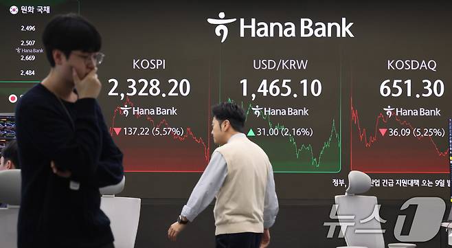 7일 서울 중구 하나은행 딜링룸 전광판에 종가 현황이 표시돼 있다. 2025.4.7/뉴스1 ⓒ News1 박지혜 기자