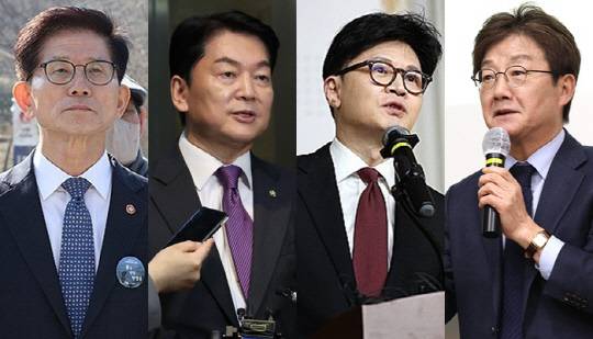 김문수(왼쪽부터) 전 고용노동부 장관, 안철수 국민의힘 의원, 한동훈 전 국민의힘 대표, 유승민 전 의원. [연합뉴스]