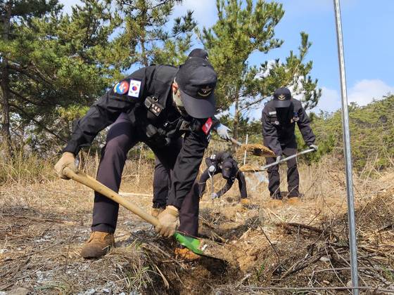 국방부 유해발굴감식단 장병들이 지난달 31일 충남 서산시 팔봉면 고파도에서 남아공 조종사 유해 발굴 작전을 실시하고 있다. 국방부 유해발굴감식단