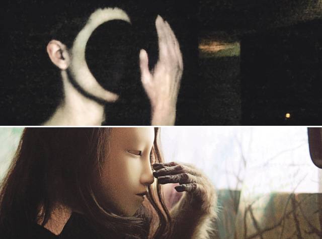 피에르 위그 개인전에 나온 영상 작품들로 ‘리미널’(위쪽, 2024∼진행중, 실시간 편집, 사운드, 센서)과 ‘휴먼 마스크’(2014, 컬러, 사운드, 19분). 리움미술관 제공