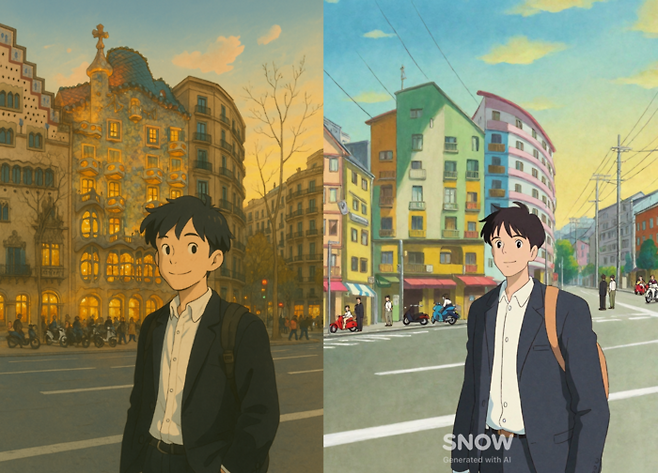 스페인 바르셀로나 지역에서 찍은 기자의 모습을 챗GPT를 활용해 지브리 화풍으로 생성한 이미지(왼쪽). 오른쪽은 네이버의 AI 카메라 앱 스노우를 활용해 ‘일본 애니’ 풍으로 제작한 이미지. [출처 = 챗GPT 및 스노우 제작]