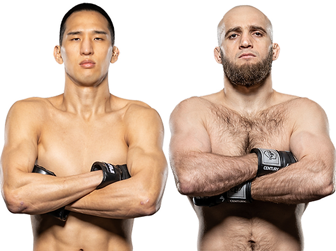 Brave CF 타이틀매치 경력자 김태균(왼쪽), 우승상금 100만 달러 2021 PFL 플레이오프 4강 토너먼트 우승자 모블리트 하이불라예프. 사진=MMAX Investment Partners, Inc.