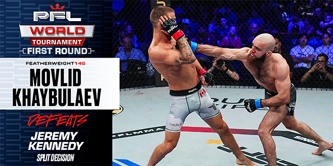 모블리트 하이불라예프가 우승상금 50만 달러 미국 플로리다주 올랜도 유니버설 스튜디오 2025 PFL 월드 토너먼트 페더급 8강전을 치르고 있다. 사진=MMAX Investment Partners, Inc.