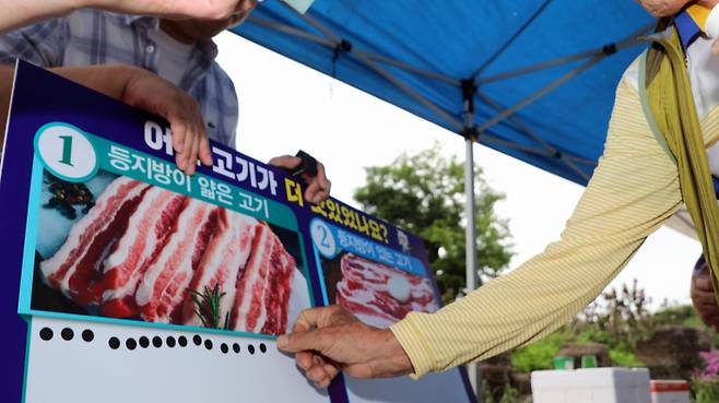 지난해 6월 제주시 구좌읍 동화마을에서 열린 '제주양돈농협 청정 제주산 돼지고기 시식회'에서 맛있는 돼지고기 지방 비율에 대한 설문조사가 진행 중인 모습. /사진=뉴스1