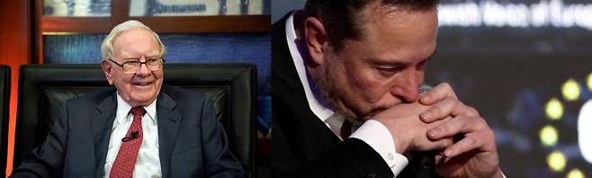 워런 버핏 버크셔 헤서웨이 회장(왼쪽)과 일론 머스크 테슬라 최고경영자(CEO). [AP, 로이터]