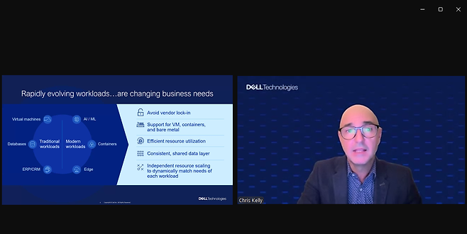 크리스 켈리 델 아시아태평양 지역 인프라솔루션그룹(ISG) 수석 부사장이 8일 열린 미디어 신제품 간담회에서 발표를 진행하고 있다. [델 테크놀로지스 제공]