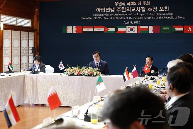 우원식 국회의장이 9일 국회 사랑재에서 열린 아랍연맹 주한 외교사절 초청 오찬 간담회에서 발언하고 있다.(국회의장실 제공) ⓒ News1 한재준 기자