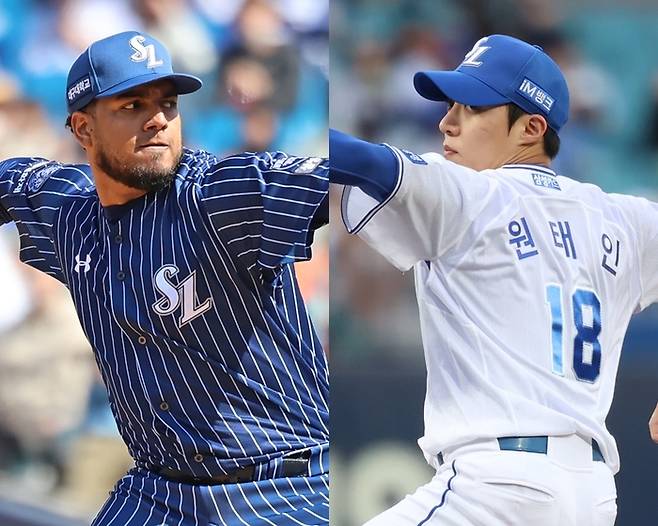 삼성 선발투수 데니 레예스(왼쪽)와 원태인. 사진 | 삼성 라이온즈