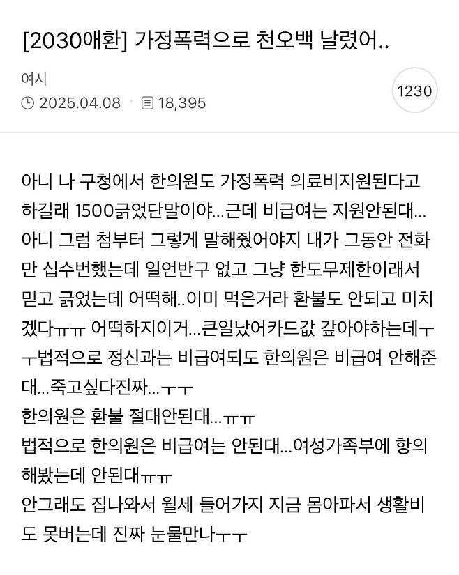 가정폭력으로 천오백 날렸다는 여시