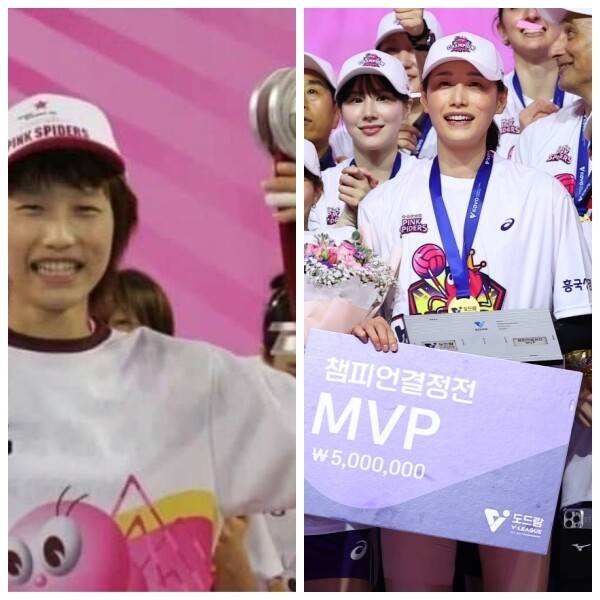 2005년 통합우승 당시의 김연경(왼쪽), 20년이 지나 2025년 우승하고 기뻐하는 김연경. 연합뉴스