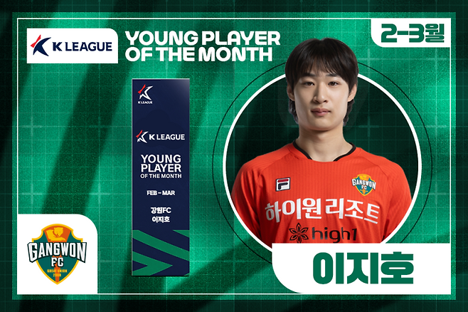 강원 이지호가 2025시즌 첫 번째 이달의 영플레이어상을 수상했다. 사진=프로축구연맹