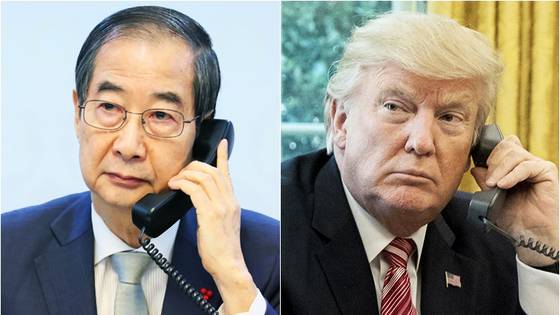 한덕수(왼쪽) 대통령 권한대행 국무총리, 도널드 트럼프 미국 대통령. 연합뉴스