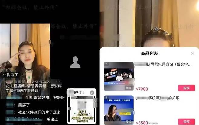 중국서 1:1 상담, 온라인 강의를 하며 '연애 코치'로 활동 중인 러찬취의 온라인 라이브(왼쪽)와 그가 판매 중인 강의 목록(오른쪽)./사진=QQ닷컴