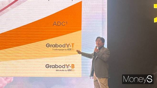 이상훈 에이비엘바이오 대표가 기업간담회에서 향후 이중항체 ADC 개발 전략에 대해 설명하고 있다. /사진=곽선우 기자