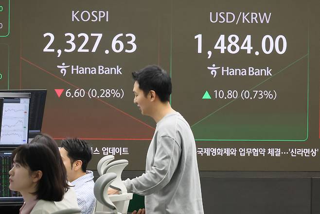 9일 서울 중구 하나은행 본점 딜링룸 현황판에 코스피, 원/달러 환율이 표시돼 있다. 이날 코스피는 전장보다 4.24포인트(0.18%) 내린 2329.99로 출발했다. 코스닥지수는 4.61p(0.70%) 내린 653.84에, 원/달러 환율은 10.8원 오른 1484.0원에 개장했다. [연합]