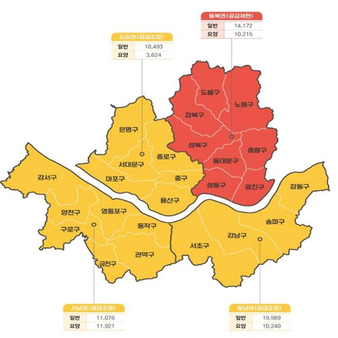 서울시 병상수급관리계획 진료권별 구분 및 공급 유형 현황. 보건복지부 제공