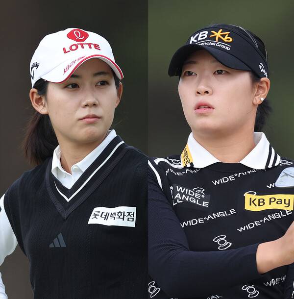 2025년 한국여자프로골프(KLPGA) 투어 iM금융오픈 골프대회에 출전한 장타자 황유민, 방신실 프로가 1라운드에서 경기하는 모습이다. 사진제공=KLPGA