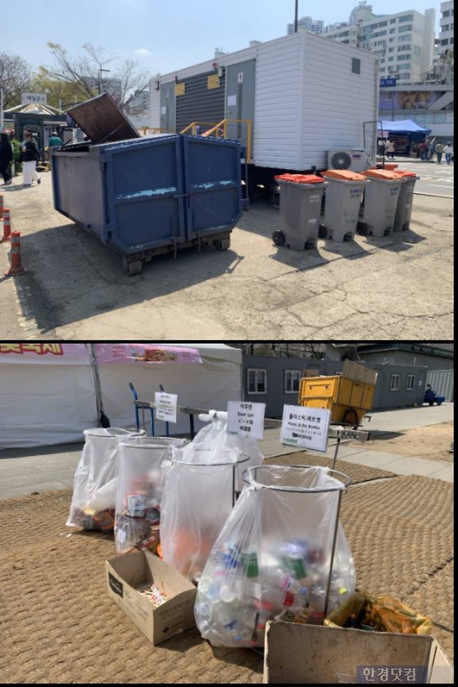 깨끗한 여의도 배달존 앞 쓰레기통의 모습,분리수거도 잘 된 모습/사진=유지희 기자